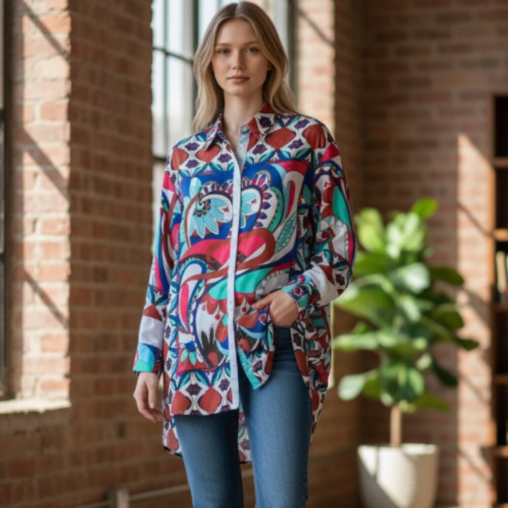 NWOT ZARA MULTICOLOR GEOMETRIC PRINT SILKY TUNIC TOP BLOGGERS FAV - Picture 2 of 8